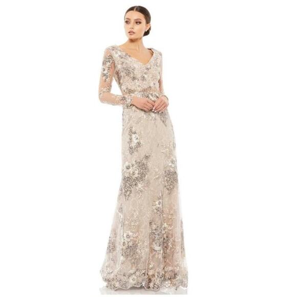 Mac Duggal Floral Embroidered Sequin Embellished V-Neck Illusion Gown 16 NWT - Picture 1 of 13